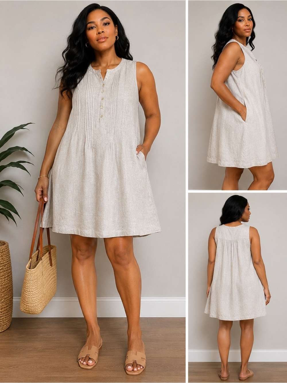 Quince 100% European Linen Sleeveless Swing Dress Pockets Large Neutral